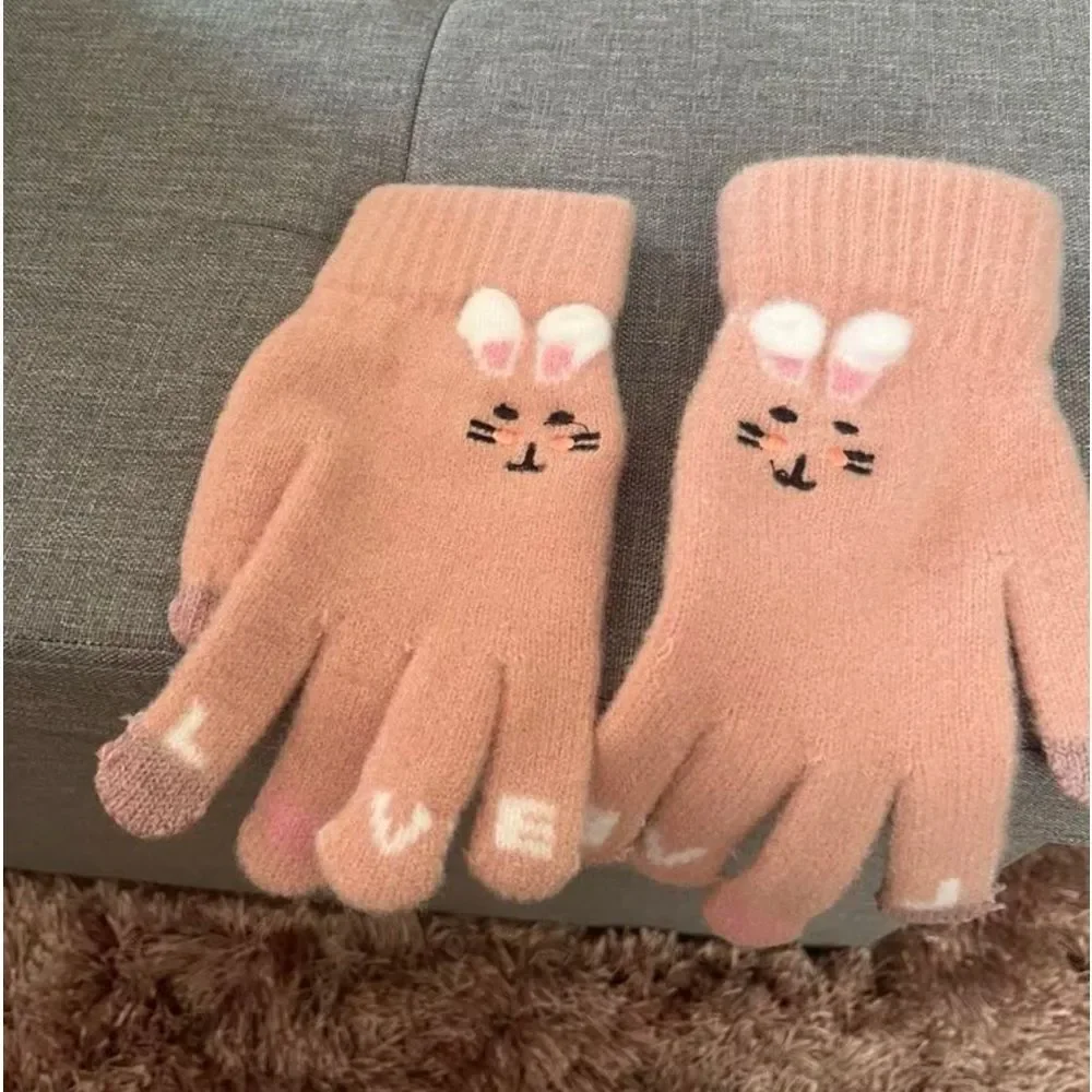Y2K Lolita Goth Pastel Pink Pom Pom Alice Easter Bunny Rabbit Glove Mittens q